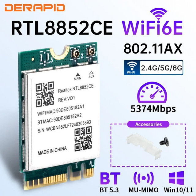 DERAPID WiFi 6E und Bluetooth 5.3 Adapter mit 5400 Mbit/s, Triple Band NGFF M.2 Netzwerkkarte für Windows 10/11, RTL8852CE kompatibel mit AX210 - Bild 1