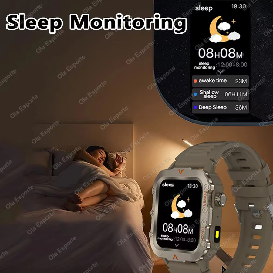 Ola Esporte Smartwatch für Herren in Schwarz mit Bluetooth-Anruffunktion, Herzfrequenzüberwachung, Schlaf-Tracking und LED-Taschenlampe, wasserdicht - Bild 2