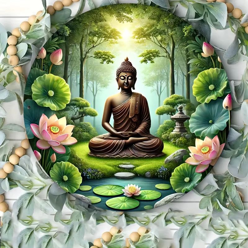 Potdemiel Vintage Buddha Meditation Metallwandkunst mit Lotusblumen in Grün, B/H: 20,32 x 20,32 cm - Bild 2