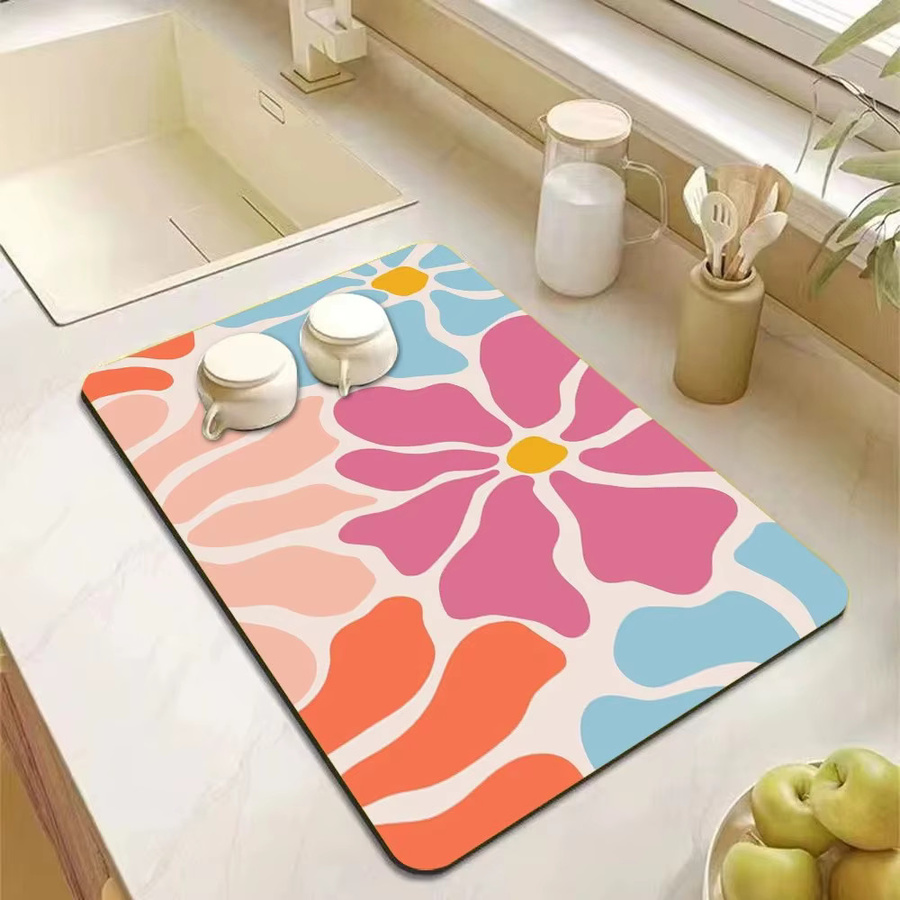 VIKAMA Saugfähige Abtropfmatte mit abstraktem Blumenmuster in Multicolour, rutschfeste Geschirrtrockenmatte für die Küche - Bild 1