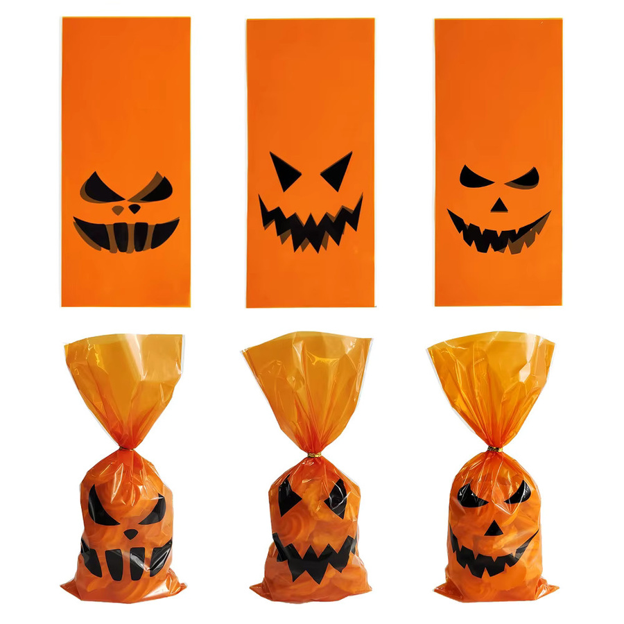 50 Stück Halloween-Geschenktüten aus Kunststoff mit Kürbis, Geist und Fledermaus Motiven in Orange für Kinder als Süßigkeiten- und Kekstüten - Bild 2