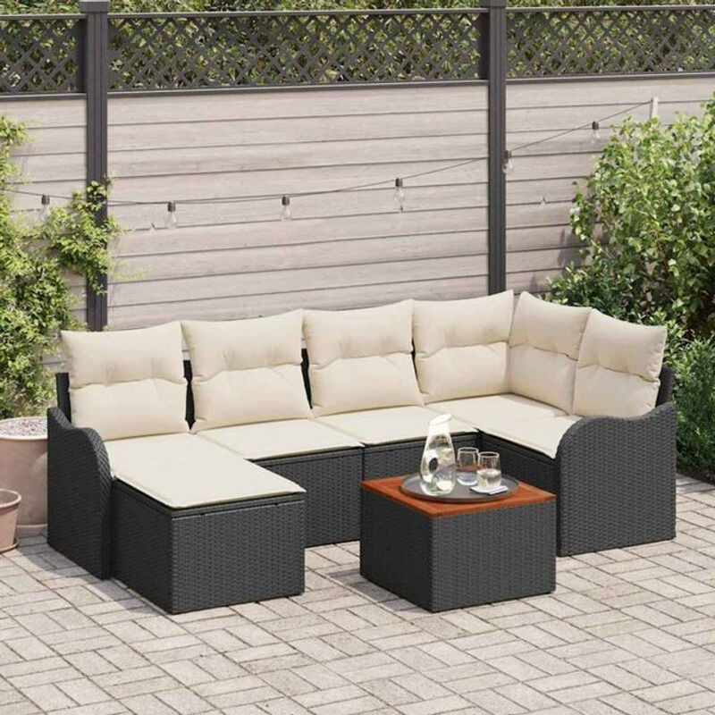Vidaxl Garten-Sofa-Set aus 7 Teilen in Schwarz und Weiß, modernes Polyrattan-Loungemöbel mit Akazienholz und Stahl - Bild 1