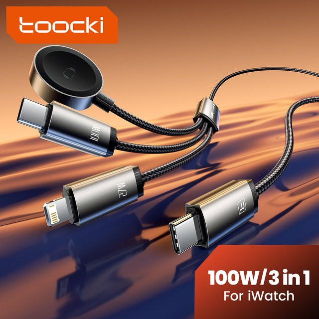 Toocki 3-in-1 USB-C-auf-C-auf-Lightning-Ladekabel mit Uhrenladegerät für iWatch, 100W Schnellladefunktion für iPhone 15, 16, 17 Pro, Schwarz oder Grau - Bild 1