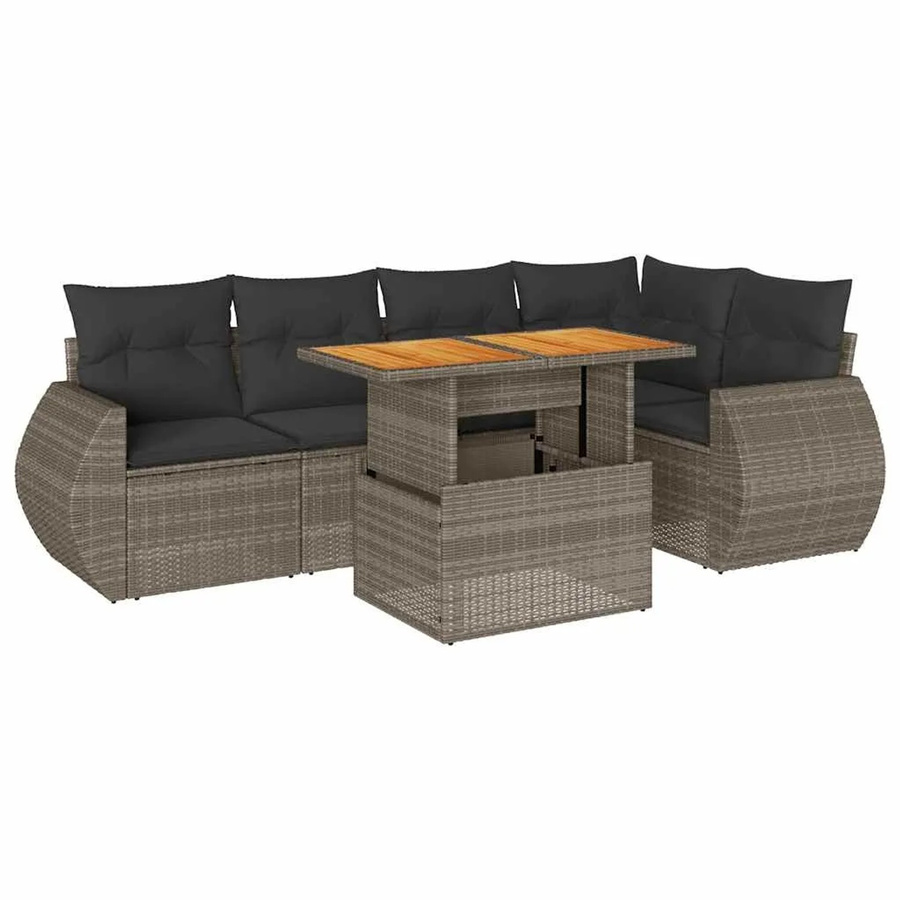 vidaXL 6-teilige Garten-Sofagarnitur in L-Form aus grauem Poly-Rattan mit Kissen und Akazienholz - Bild 2