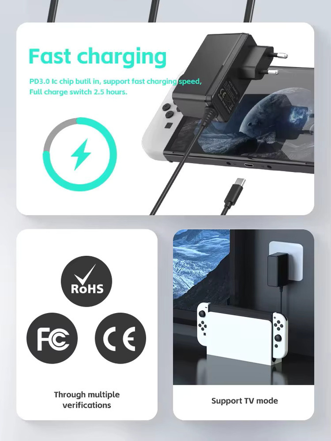 DATA FROG AC-Adapter Ladegerät für Nintendo Switch, USB-C Netzteil in Schwarz für den TV-Dock-Modus - Bild 6