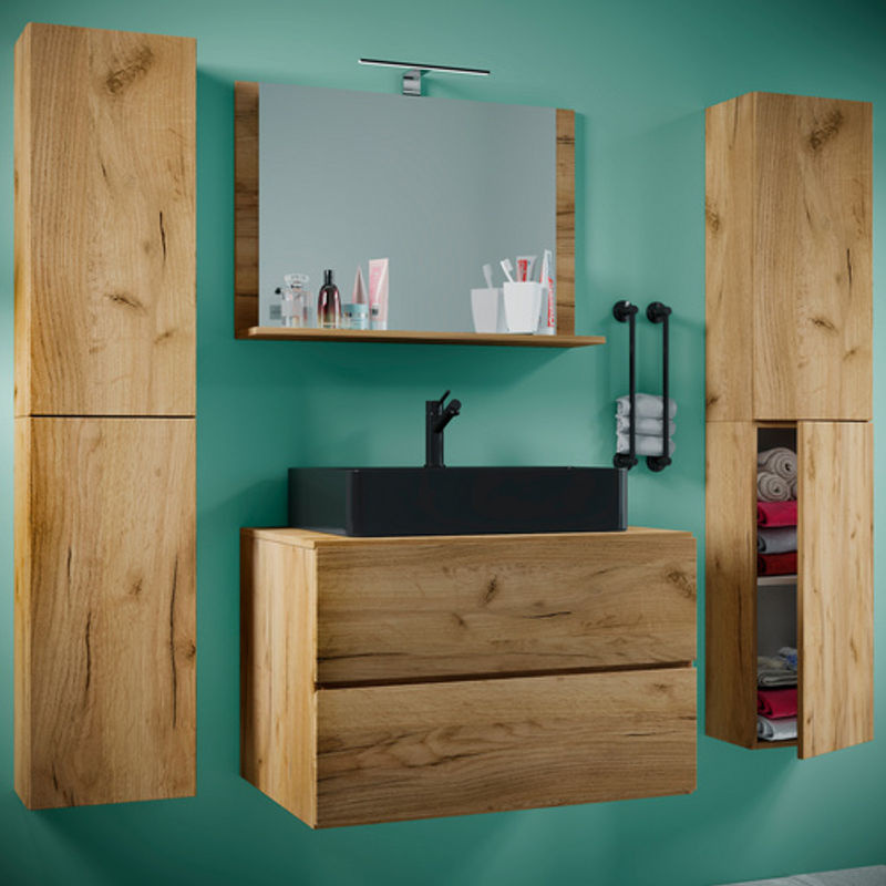 VCM Badmöbel Set Lendas S BL in Schwarz und Braun, 5-tlg. Waschplatz mit schwarzem Keramik-Waschtisch, Unterschrank, Spiegelschrank und Hochschrank, Breite: 60 cm - Bild 2