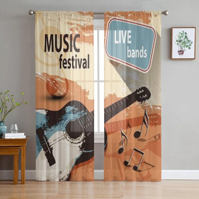 A Family Of Home Textiles Transparenter Chiffon-Vorhang mit Retro-Gitarren-Motiv in Grau, Breite: 135 cm, Höhe: 114 cm - Bild 1