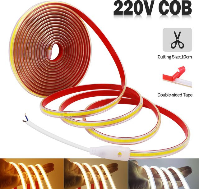 HEGEHE COB-LED-Streifen mit 240 LEDs/m, wasserdichter Lichtschlauch für AC 220 V direkt Anschluss, flexibles Flachband für Heimdekoration - Bild 1