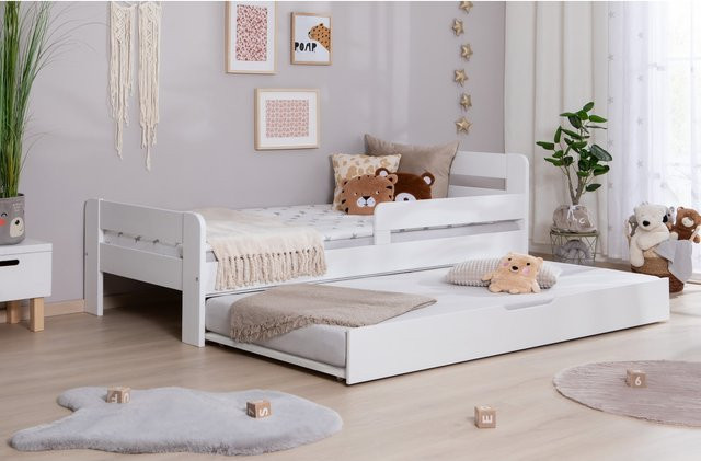 TiCAA Kinderbett Bennet aus Kiefer Massivholz mit Zusatzbett, Rausfallschutz und Lattenrost, Farbe: Weiß, B/T/H: 90 x 200 cm, 100 x 200 cm oder 120 x 200 cm - Bild 1