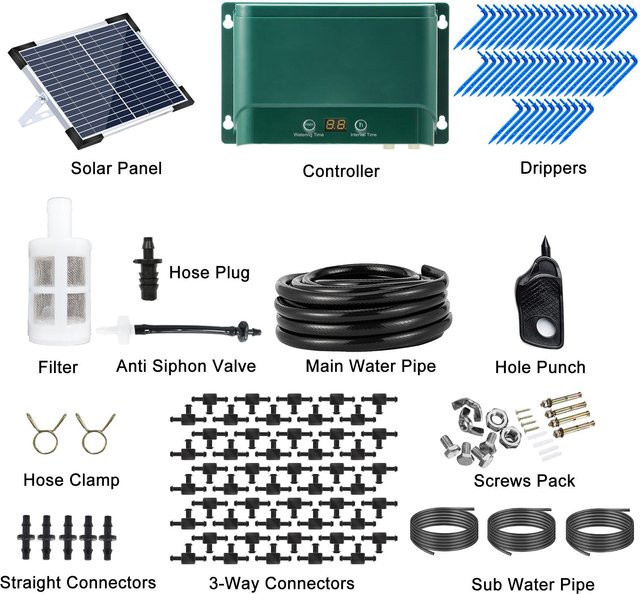 Binchi Solar Automatisches Tropfbewässerungs-Kit mit 7 Zeitmodi und 30 Bewässerungsmodi für den Garten in Grün - Bild 1