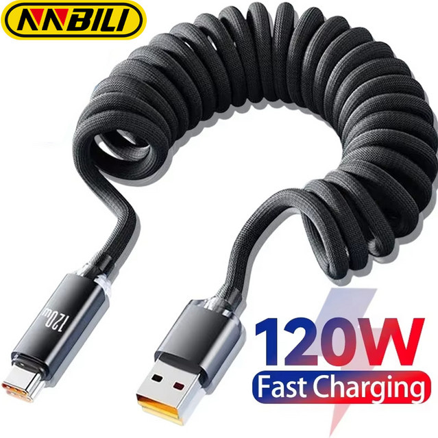 NNBILI 120W Schnellladungs-Typ-C-Kabel A-C und C-C, einziehbares geflochtenes Nylon-Ladekabel für iPhone und Samsung in Schwarz und Rot - Bild 1