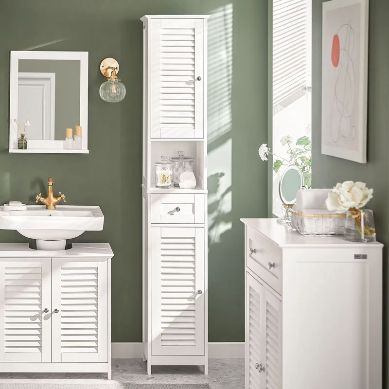 SoBuy Badezimmer-Hochschrank FRG236 in Weißnatur mit 1 offenem Fach, 1 Schublade und Türen, H: 170,0 cm, B: 32,0 cm, T: 15,5 cm - Bild 2