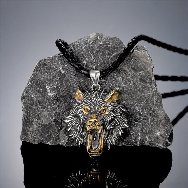 Halskette Edelstahl, Gold, Fenrir Wikinger Anhänger, 60 cm, Herren - Bild 1