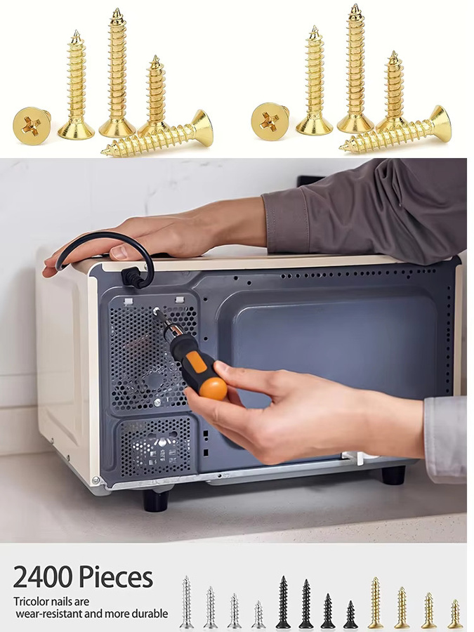 MIVM Miniatur-Schrauben Set mit 2400 Stück, M2 Selbstschneidende Holzschrauben, Kreuzschlitz Flachkopfschrauben, Multicolour (Gold, Schwarz, Silber) - Bild 5