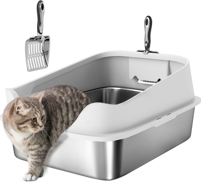 PawHut Katzentoilette aus Edelstahl in Silber mit hohem Rand und Schaufel - Bild 1