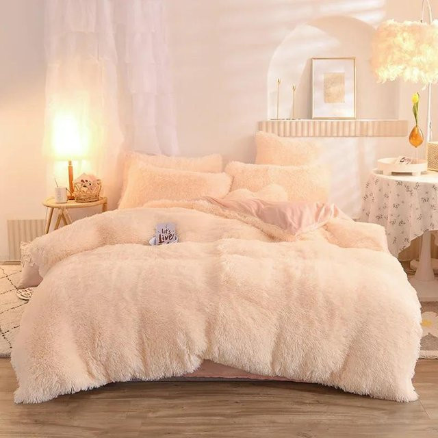 Bin Chi Textiles Bettwäsche Set aus flauschigem Flanell und Plüsch in Beige und Rosa - Bild 1