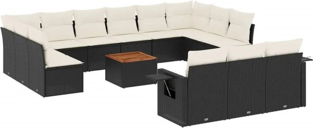 vidaXL 14-tlg. Garten-Sofagarnitur in L-Form aus Polyrattan und Akazienholz mit Kissen in Schwarz-Creme - Bild 1