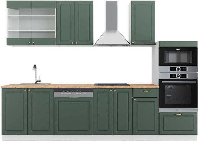 Vicco Fame-Line Küchenzeile im Landhausstil mit Hochschrank, Farben: Grün, Gold und Weiß, Breite: 300 cm - Bild 1