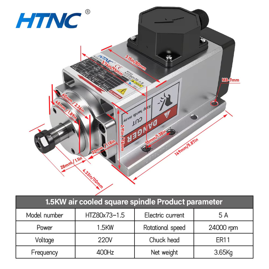 Hochgeschwindigkeits Spindelmotor 1500W für Holz, Aluminium und Weichmetall, 400Hz, 24000 U/min, 1,5kW mit ER11 ER16 Aufnahme, Farbe: Silber - Bild 6