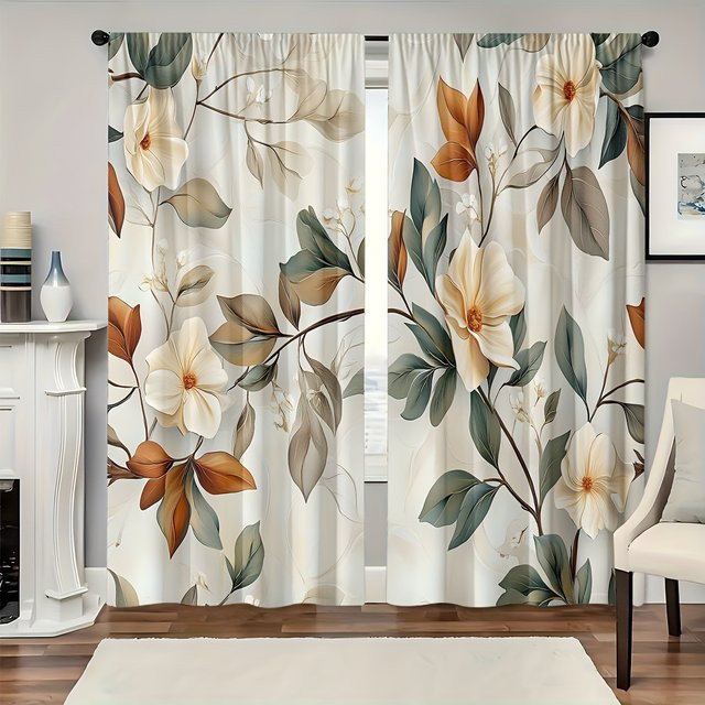 VIKAMA 2-teiliges Set semi-transparente Vorhänge mit floralem Blätter- und Blumenmuster in Multicolour, Breite: 116 cm, Höhe: 116 cm - Bild 1