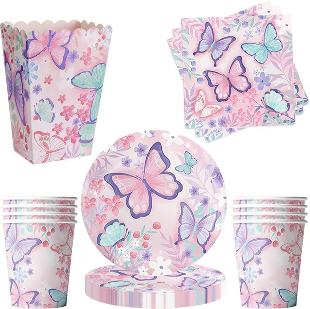 PartiesTour Schmetterling Party Set mit Papptellern, Servietten, Tassen und Popcorn Box in Multicolour für Mädchen Geburtstagsdekoration - Bild 1