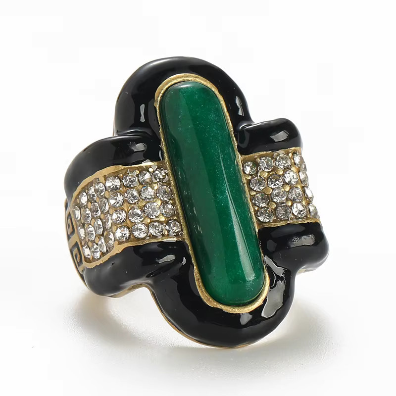 STALAIT Ring, Vintage, Schwarz, Emaille, Grün, Naturstein, Kristall, Damen - Bild 5