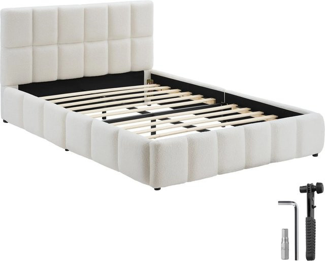 Tectake Polsterbett Shirley mit Teddystoff und Steppmuster in Cremebeige, H x B x T: 93 x 220 x 153 cm - Bild 1