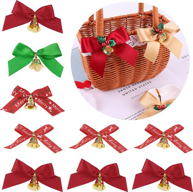 Rote Weihnachtsband-Schleifen mit Glöckchen und floralem Design für deine DIY-Geschenke, Hochzeiten und Partys - Bild 1