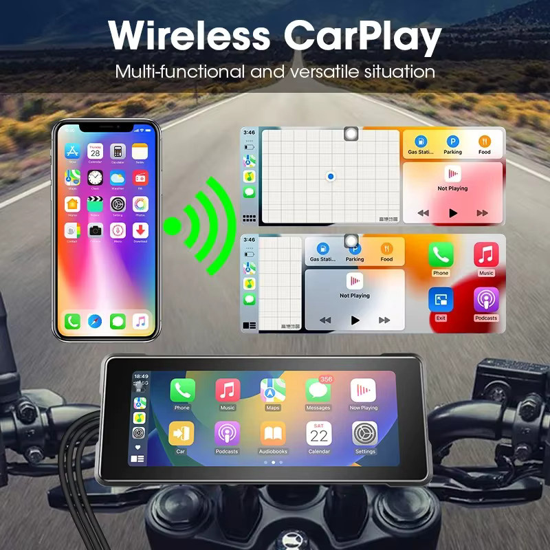 Srnubi Motorrad Dash Cam mit 6.86 Zoll Display, GPS, Wireless CarPlay und Android Auto, Dual Kamera vorne und hinten, IP67 wasserdicht, Schwarz - Bild 3