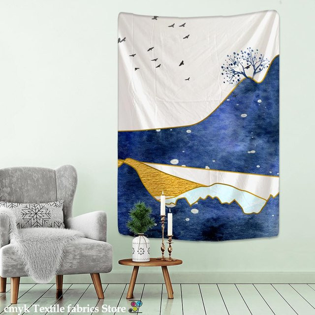 Japanischer Wandteppich mit Illustration im Boho-Stil, Blau, B/H: 95 x 70 cm - Bild 1