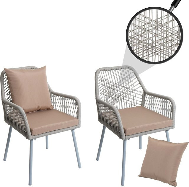2er-Set MCW Gartenstuhl O12 aus Aluminium mit Seilgeflecht Rope in Grau und taupefarbenen Polstern - Bild 1
