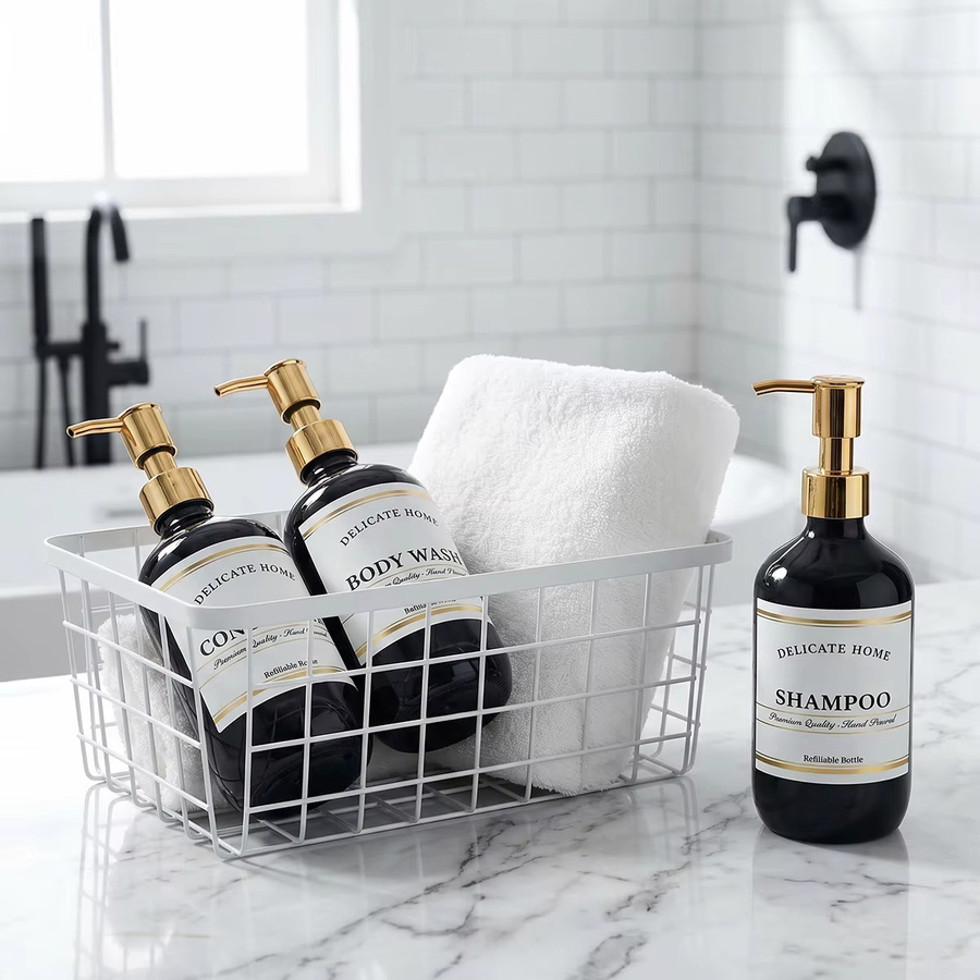 Schwarzes Nachfüllbares Duschflaschen-Set, 3er-Pack Kunststoff-Pumpflaschen für Shampoo, Conditioner und Duschgel, 500 ml pro Flasche - Bild 5