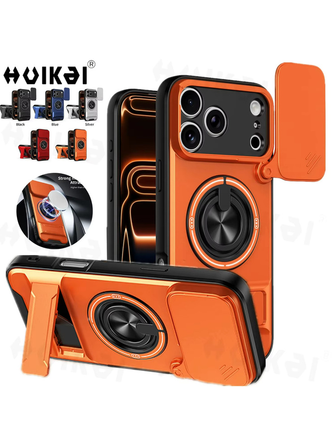 Huikai Magnetische Handyhülle mit Kameraschutz und Ständer für iPhone 17 Pro Max, 16 Pro Max, 15, 14 in Schwarz oder Orange - Bild 7