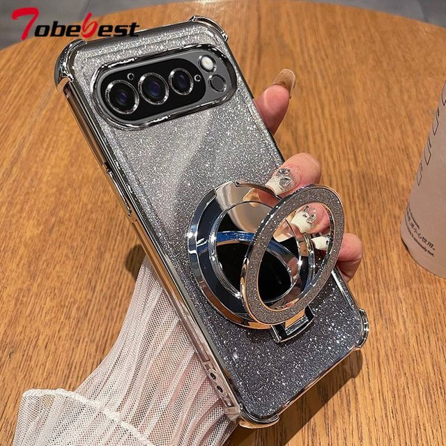 Glitzer-Spiegel-Magnethalter mit Ständer und stoßfester Silikonhülle für Google Pixel 10, 9, 8, 7 Pro XL und 9A, 8A, 7A in Pink - Bild 1