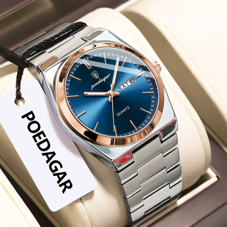 POEDAGAR Armbanduhr Edelstahl, Quarz, Blau, Silber, Herren - Bild 2
