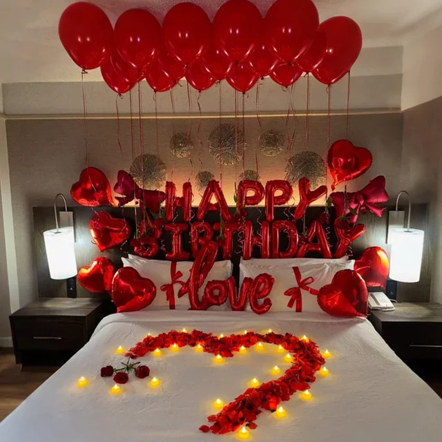 Happy Birthday Bannerballon Set in Rot mit Herz-Dekoration für Geburtstage, Jubiläen und Mottopartys - Bild 1