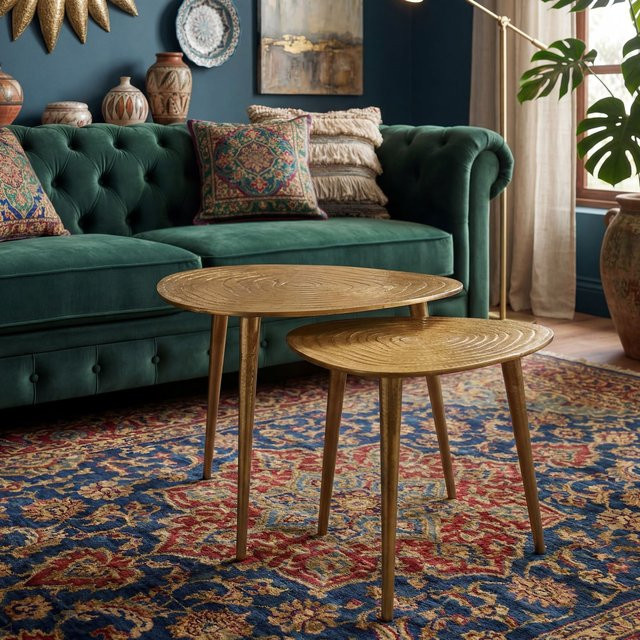 Finebuy Satztisch 2er Set in Gold aus Aluminium im Mid-Century Design mit runden Tischplatten - Bild 1