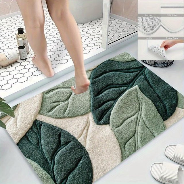 Badematte mit grünem Blattmuster aus Polyester, rutschfest und maschinenwaschbar, B/B: 50 x 80 cm - Bild 1