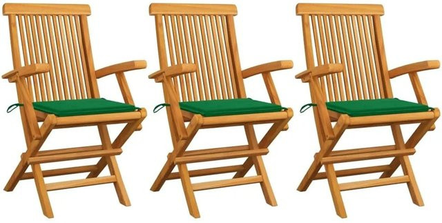 vidaXL Gartenstuhl-Set aus Teak-Hartholz mit grünen Kissen, 3 Stück - Bild 1