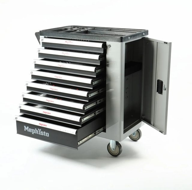 Mephisto XXL Werkzeugwagen aus Stahl in Grau-Schwarz mit 8 befüllten Schubladen und Rollgabelschlüssel, B/T/H: 83,0 x 46,0 x 96,0 cm - Bild 1
