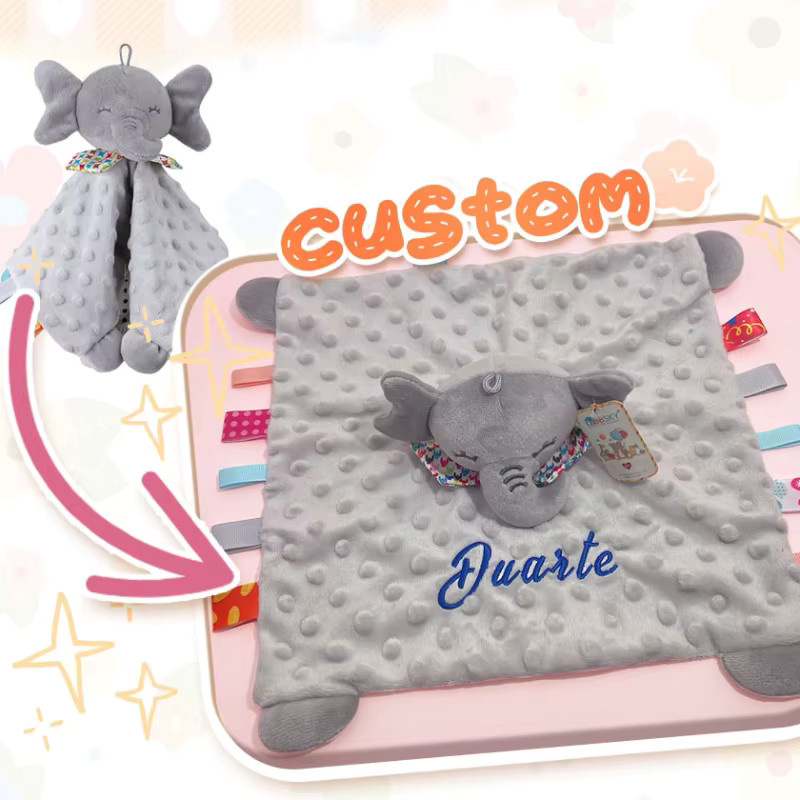 NanBeiCat Personalisierte Baby-Elefant-Sicherheitsdecke aus Bio-Baumwolle mit Silikon-Beißring in Weiss und Grau - Bild 2