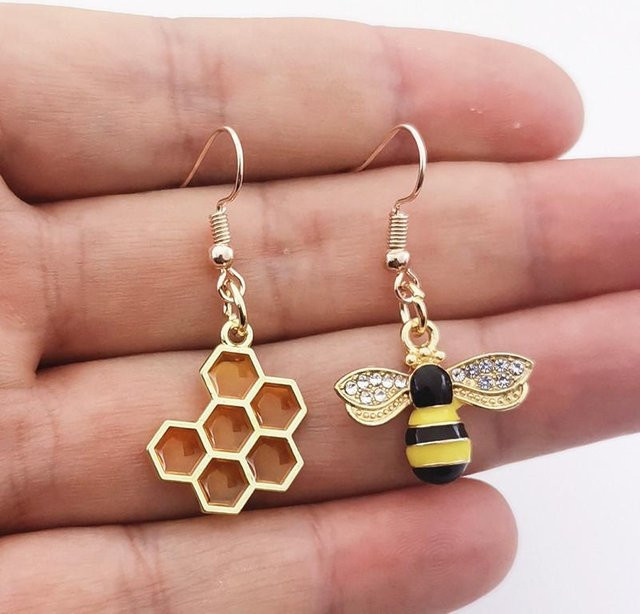 Ohrringe Bienenwaben-Emaille-Metall, Kristall, Gold, Damen - Bild 1