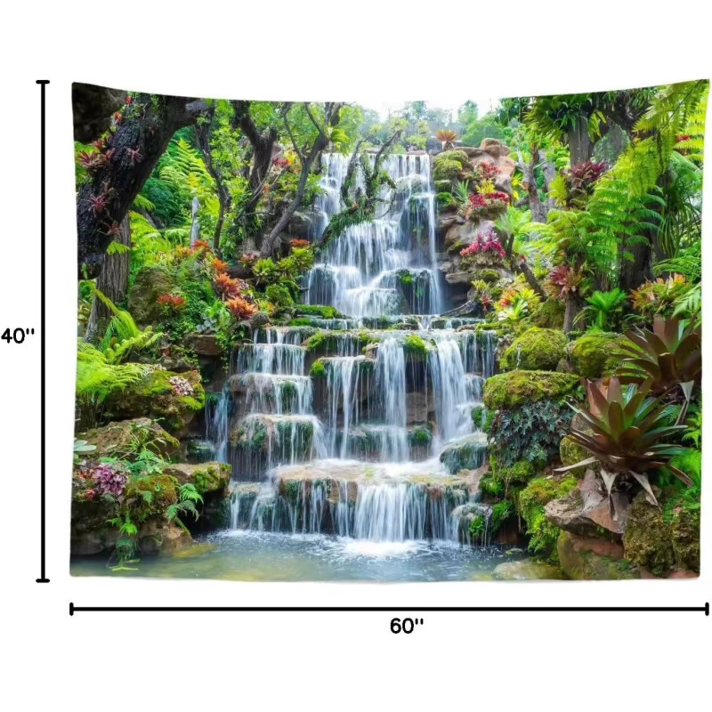 VIKAMA Panorama-Wasserfall Regenwald Tapisserie in Grün mit 3D Wasserfluss und Pflanzen als Wandbild für dein Wohnzimmer - Bild 3