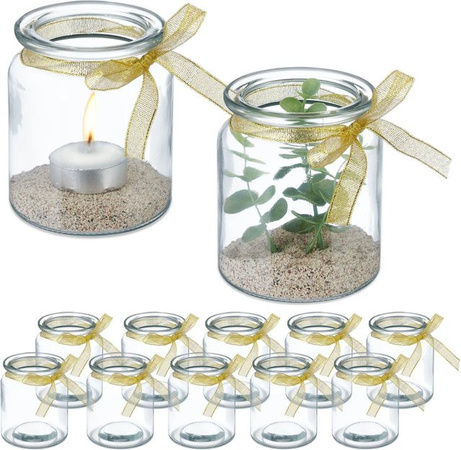Relaxdays Windlicht 12er Set aus Glas in Transparent Gold mit Schleife für Teelichter, B/H: 8 x 9,5 cm