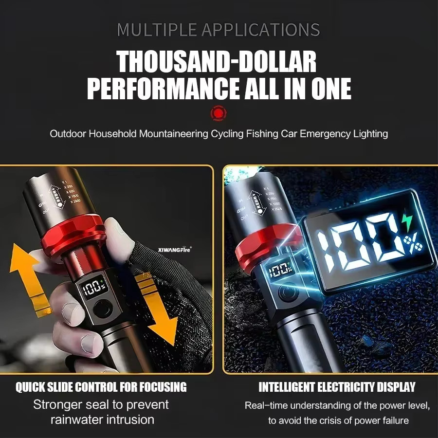 Heinast LED-Taschenlampe mit Display, wiederaufladbare Aluminium-Taschenlampe mit Teleskop-Zoom in Schwarz - Bild 2