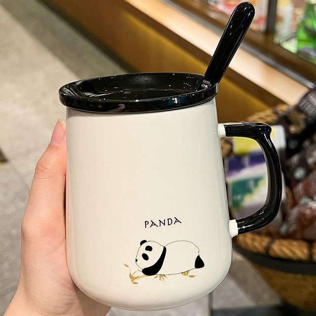 Kreative Keramiktasse mit Deckel und Löffel in Weiß, 450 ml - Bild 1