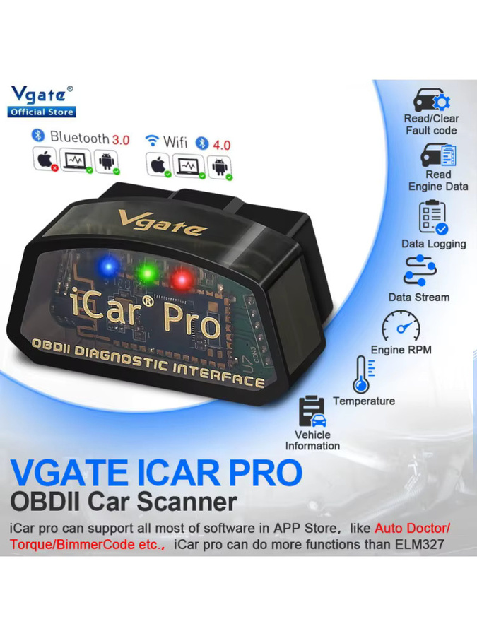 Vgate ICar Pro ELM327 V2.3 OBD2 Auto-Diagnosegerät mit WiFi und Bluetooth 4.0 für iOS und Android, Farbe: Schwarz - Bild 1