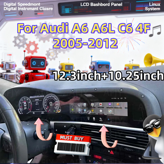 YANFU Digitales Kombiinstrument für Audi A6 A6L C6 4F 2005–2012 mit Android-Radio, kabellosem CarPlay, GPS-Navigation und Bluetooth in Schwarz (4 + 64 GB) - Bild 1