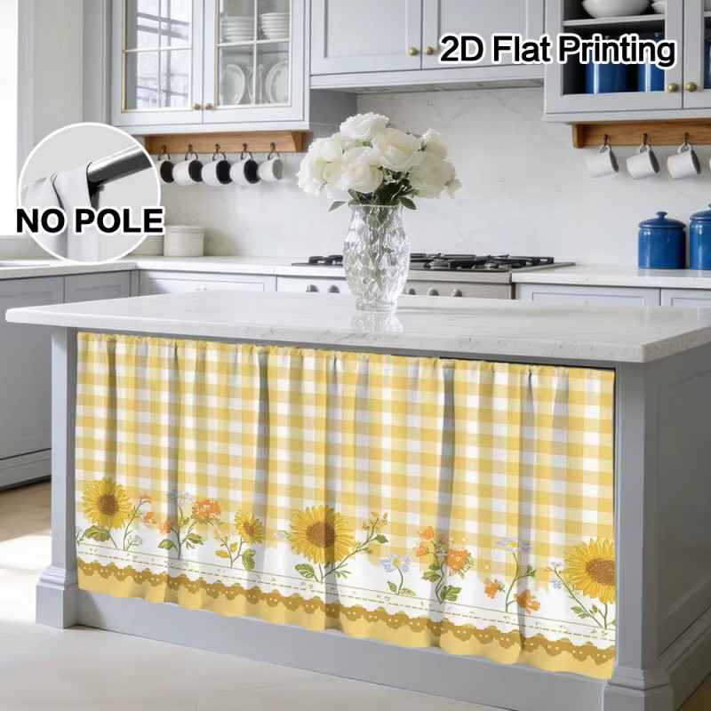 VIKAMA Flachschrankvorhang mit Sonnenblumen-Motiv und Karomuster in Gelb für Badezimmer und Wohnzimmer - Bild 3