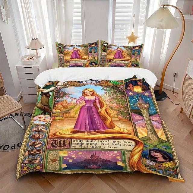 3-teiliges Cartoon-Bettwäscheset Rapunzel Motiv in Multicolour, weiches Polyester-Bettwäscheset mit Bettbezug und Kissenbezügen, B/B: 200 x 220 cm - Bild 1